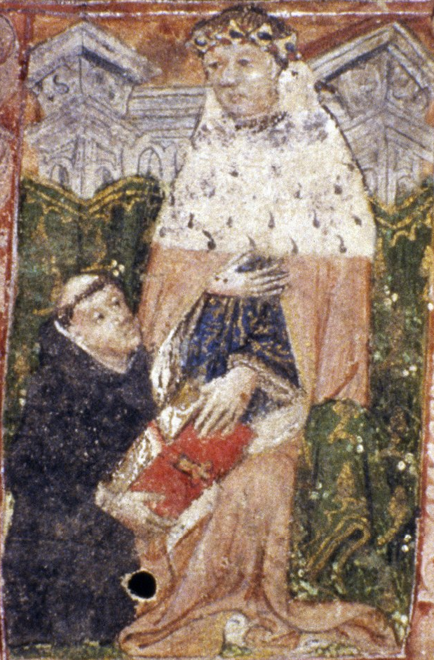 Historiated initial depicting John Capgrave presenting his manuscript to Humphrey, Duke of Gloucester