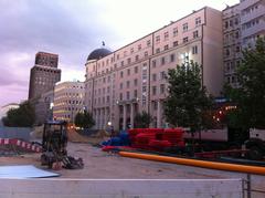 Świętokrzyska Street closed for Metro construction with city buildings in Warsaw