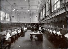 Early 20th century telephone switchboard operators in main exchange hall at Zielna 37, 1904