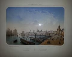 Color lithograph of La Rochelle port viewed from Café Arrignon showing boats and quay