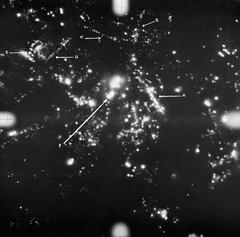 Annotated aerial photograph of Royal Air Force Bomber Command night raid damage over Hamburg Wandsbek district, 1942-1945