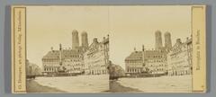 Historical stereophotograph of Marienplatz square in Munich showing the church exterior and surrounding buildings, circa 1870-1885