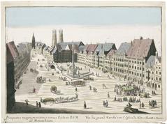 Historic copper engraving of Marienplatz in Munich with vibrant colors from around 1760