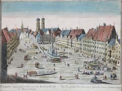 Alt-colored copperplate engraving of Marienplatz Munich circa 1760