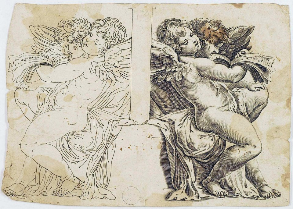 19th century engraving of angels with musical scores