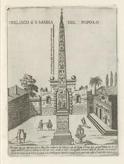 Egyptian obelisk of Ramses II at Piazza del Popolo in Rome with surrounding architecture including Santa Maria del Popolo church and Porta del Popolo