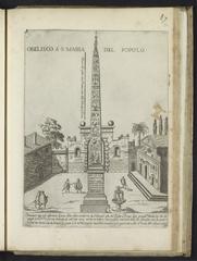 Egyptian obelisk of Ramses II at Piazza del Popolo in Rome with city gate and Santa Maria del Popolo church exterior
