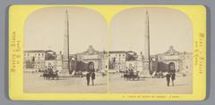 Historic stereophoto of Piazza del Popolo in Rome showing the obelisk and Porta del Popolo with cityscape and figures, circa 1861-1878