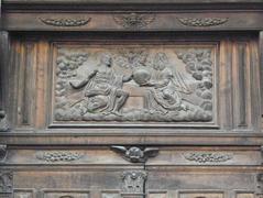 Detailed view of the main door of St-Nizier Church in Lyon