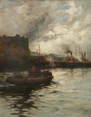 Historical black and white port scene featuring Joseph Milne (1859-1911)