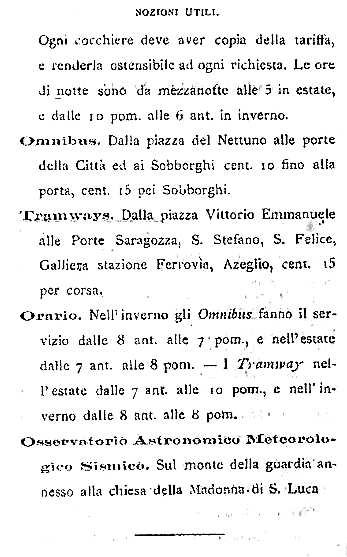 1882 page from Guida di Bologna showing useful information about tariffs