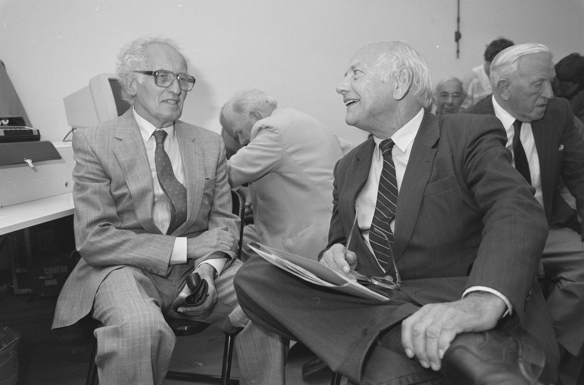 Joop den Uyl opening the illegal Vrij Nederland exhibition tent at the Resistance Museum in Amsterdam alongside Dr. L. de Jong