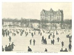 People skating on ice in Central Park near the Dakota Apartment House in New York City in 1893