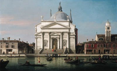 The Church of the Redentore in Venice with tourists on sandalos and gondolas on the water