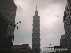 Tall Taipei 101 skyscraper against blue sky