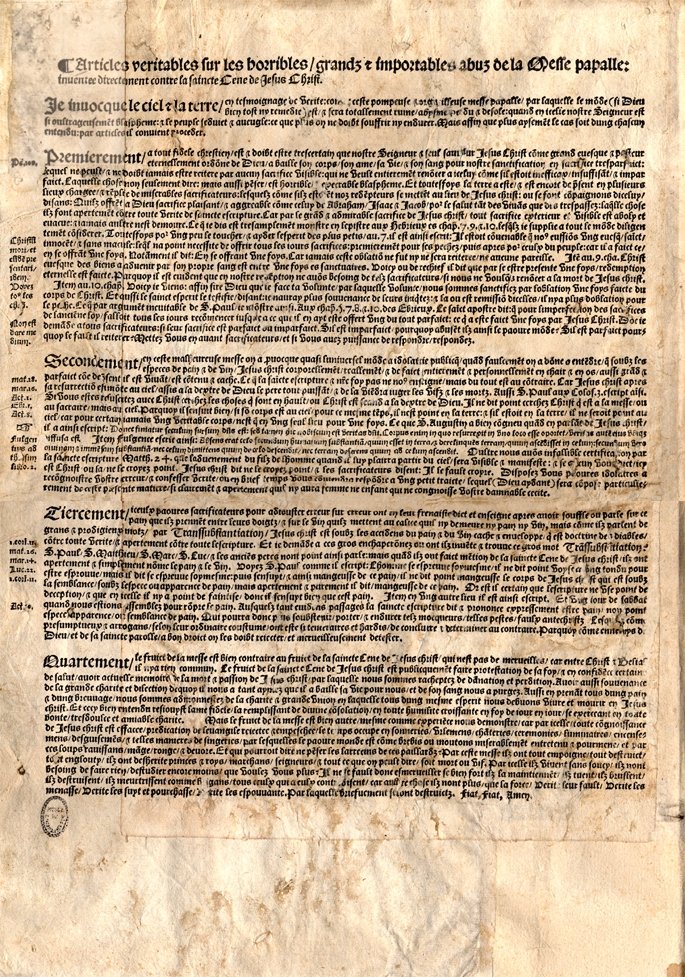 Antoine Marcourt 1534 placard against papal mass with text on aged paper from Affaire des Placards