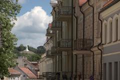 View of Three Crosses Hill in Vilnius with three crosses clearly visible against a blue sky