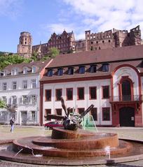 Heidelberg Castle with Akademie der Wissenschaften and Sebastian Münster Fountain in Heidelberg Germany