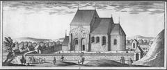 Historic view of Gamla Uppsala Church exterior from the 1600s copper engraving