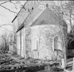 Old historic church Gamla Uppsala Church exterior view towards the east