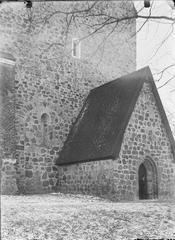 Exterior view of Gamla Uppsala Church porch towards northwest