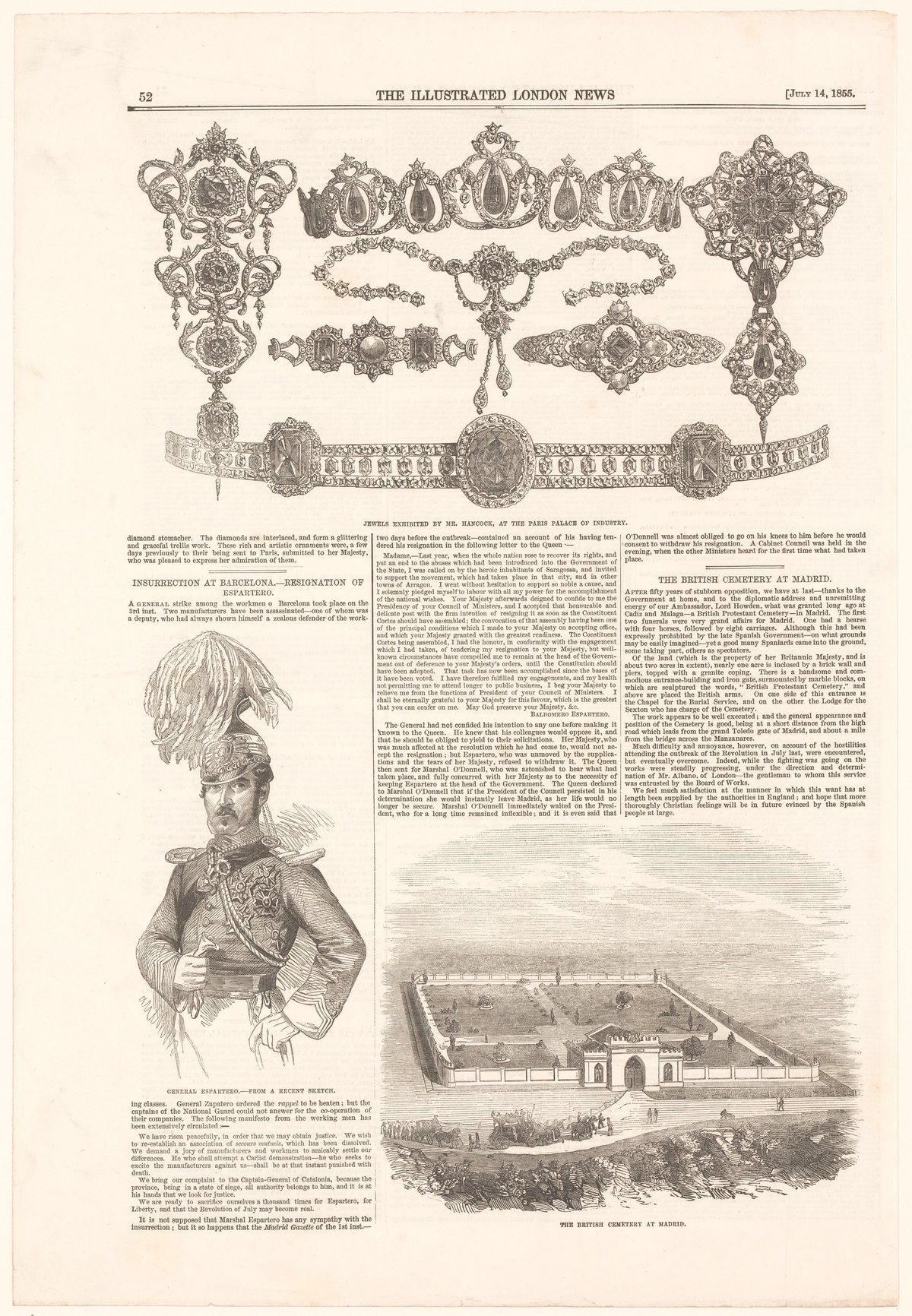 Jewellery exhibited by Mr. Hancock at Paris Palace of Industry alongside Spanish General Espartero and British cemetery in Madrid illustration