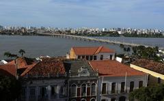 Historic downtown street in São Luís, Maranhão, Brazil with colorful colonial buildings and vibrant atmosphere