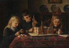 Carnegie's Peace Palace and youth painting by Adri Bleuland van Oordt oil on canvas