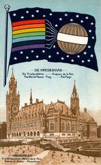 WWI propaganda postcard with Peace Flag waving above the Peace Palace in The Hague