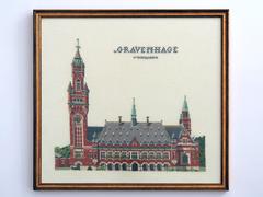 Embroidery artwork representing Het Vredespaleis in Den Haag, The Netherlands