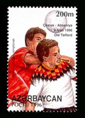 Stamp of Azerbaijan featuring national symbols and landscape issued in 1996