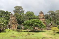 Ancient Prasat Suor Prat towers at Angkor Thom near Angkor Wat in Siem Reap, Cambodia