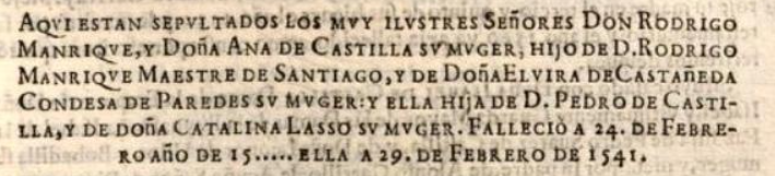 Inscription on the tomb of Rodrigo Manrique de Ayala and Ana de Castilla