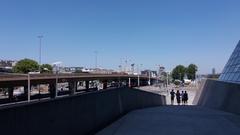 Terrace of the Museum of Confluences with the M7 motorway overpass in Lyon 2nd district