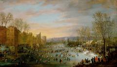 Winter scene of people ice skating on a frozen city moat in Brussels