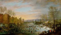 Historical painting of people skating on the moat in Brussels with Archduke Leopold Wilhelm watching