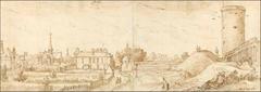 Historic drawing of Sablon church, Bournonville hotel and Wollendries tower in May 1613