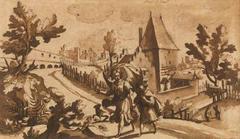 Brussels city walls with Tobias and the angel drawing by Cantagallina
