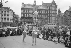 Acrobat group Osmani performing on Dam Square during Holland Festival 1971 in Amsterdam