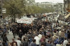 Dutch civil servants including firefighters demonstrating on Dam Square in Amsterdam against salary cuts in 1983