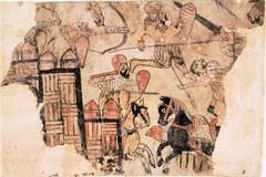 Ayyubid dynasty battle scene mural from 12th-13th century Fustat, Cairo