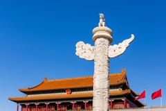 View of Tiananmen with statue in foreground under blue sky