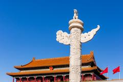 Tiananmen Square with prominent statue in the foreground under clear sky