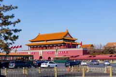 View of Tiananmen Gate in Beijing with people and flags