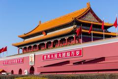 View of Tiananmen Gate in Beijing with traditional Chinese architecture and a clear sky