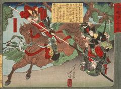 Kimura Shigenari overcoming attackers in a colorful Japanese woodblock print from 1881