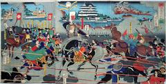 Panoramic view of the Fall of Osaka Castle with historical battle elements