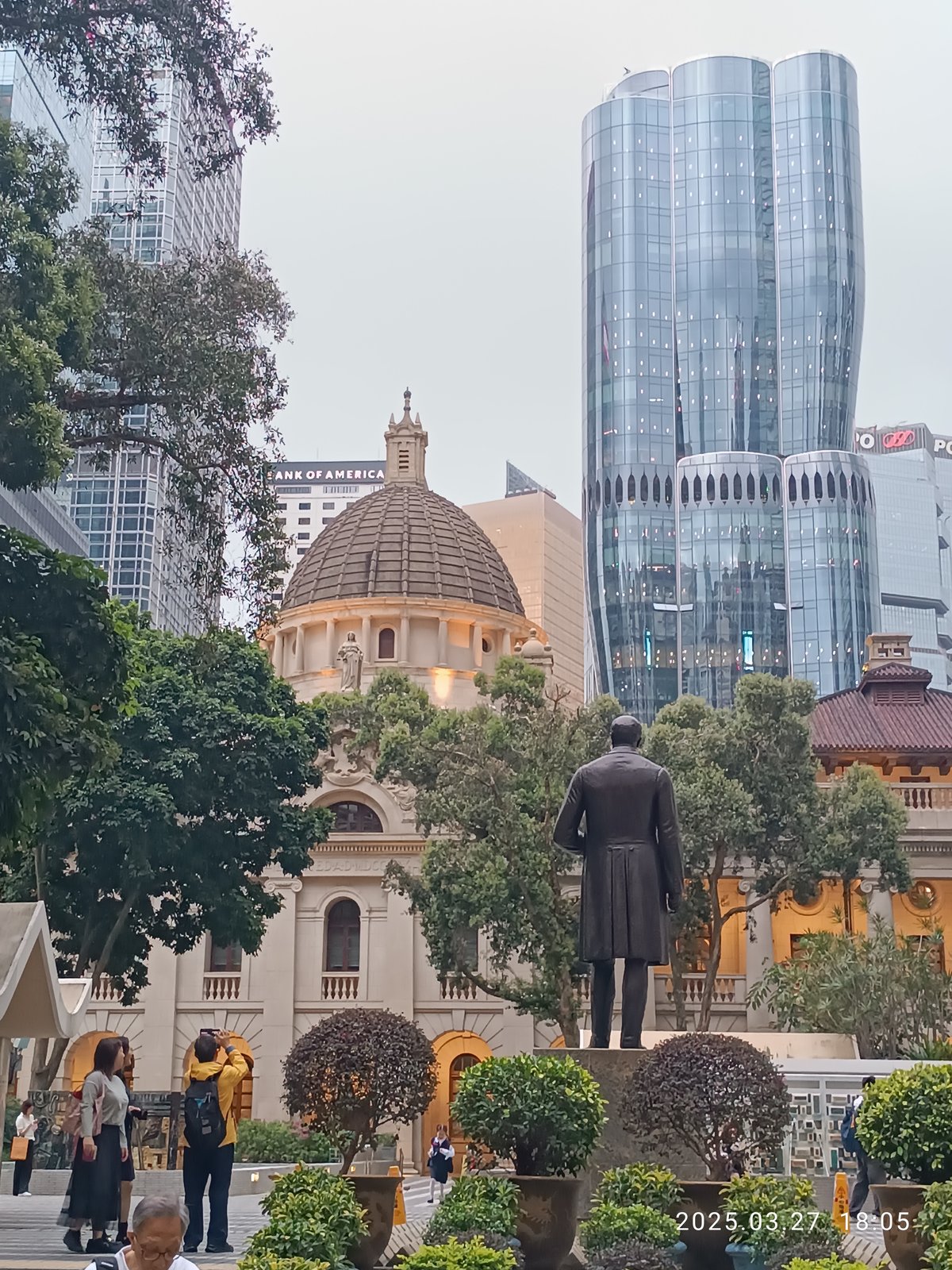 View of The Henderson facades at Central Statue Square in Hong Kong's Central district during March 2025