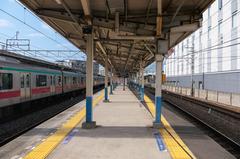 Platforms 3 and 4 of Tobu Railway Hikifune Station on the Isesaki Line with overhead wires and blue sky