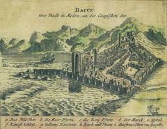 Historic engraving of Baccu city in Media near the Caspian Sea from 1734
